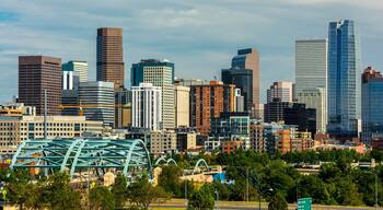 Downtown Denver, Colorado Skyscrapers with Confluence Park and the Speer Blvd. Platte River Bridges in the Foreground