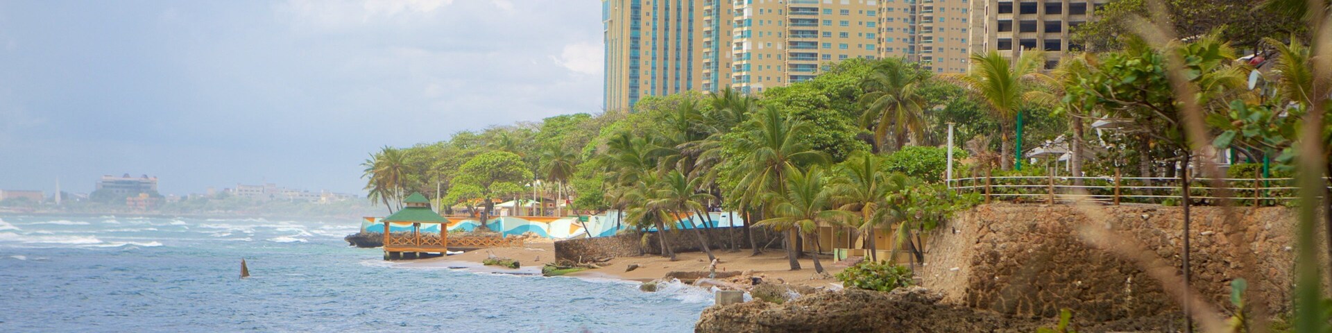 A coastal cityscape with a beach, palm trees, and high-rise buildings.