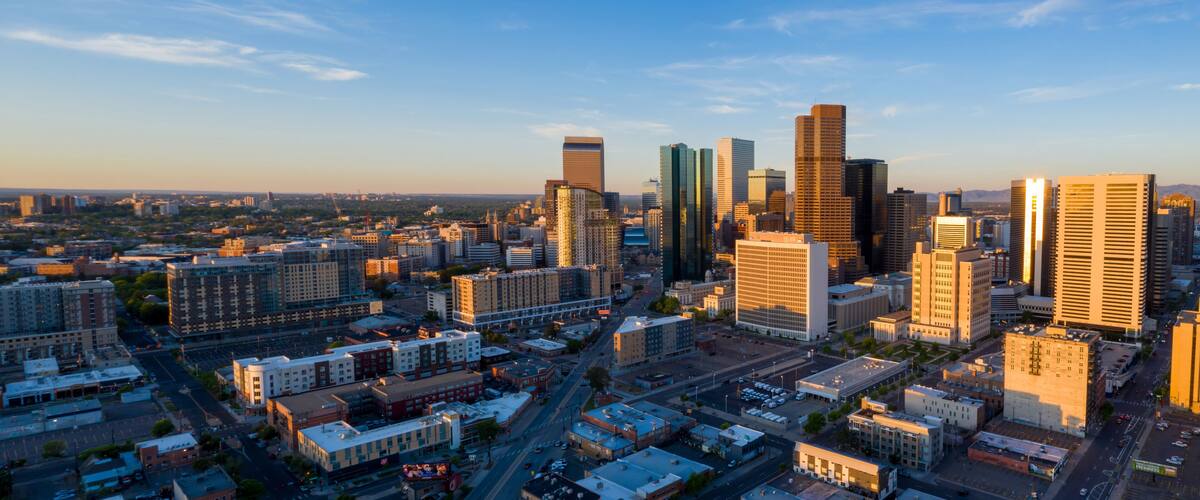 Downtown Denver city skyline at sunrise, Colorado, United States of America.