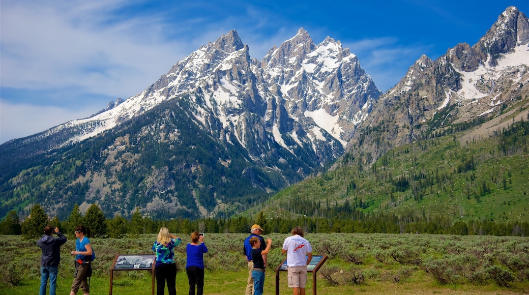 Parque Nacional Grand Teton que incluye señalización, montañas y vistas panorámicas