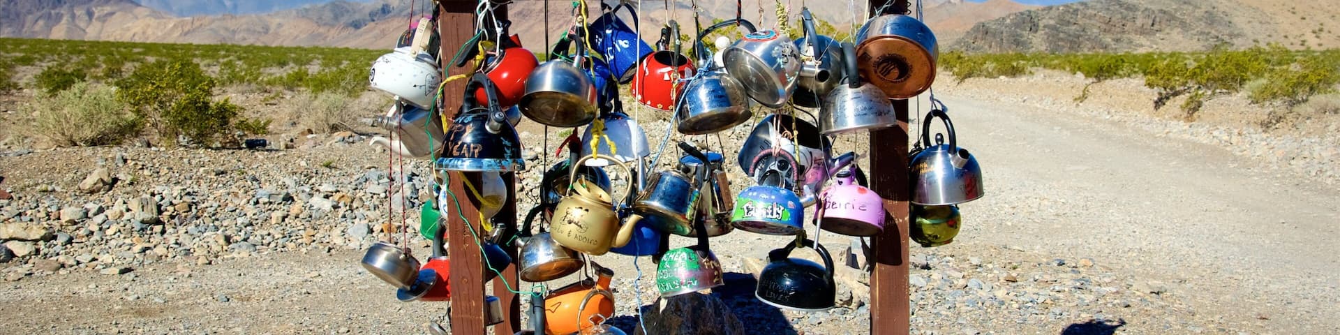 Teakettle Junction showing desert views, outdoor art and signage