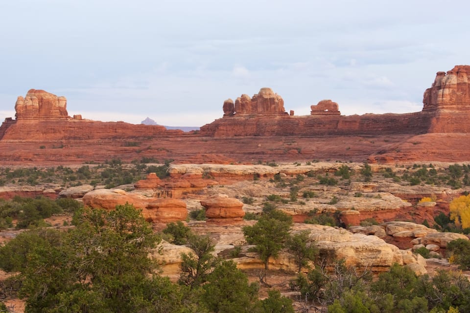 A desert landscape with prominent red rock formations and sparse green vegetation.