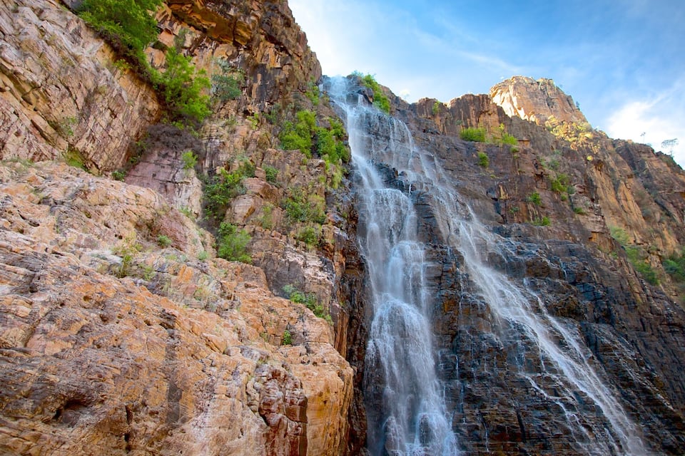 A waterfall cascading down a rocky cliff with sparse vegetation.