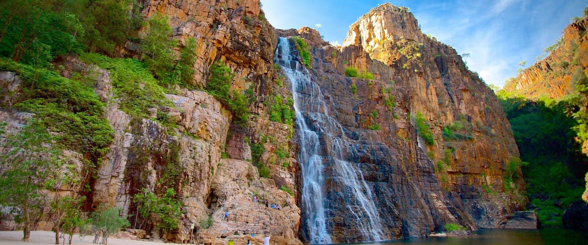 Kakadu which includes a lake or waterhole, a waterfall and a sandy beach