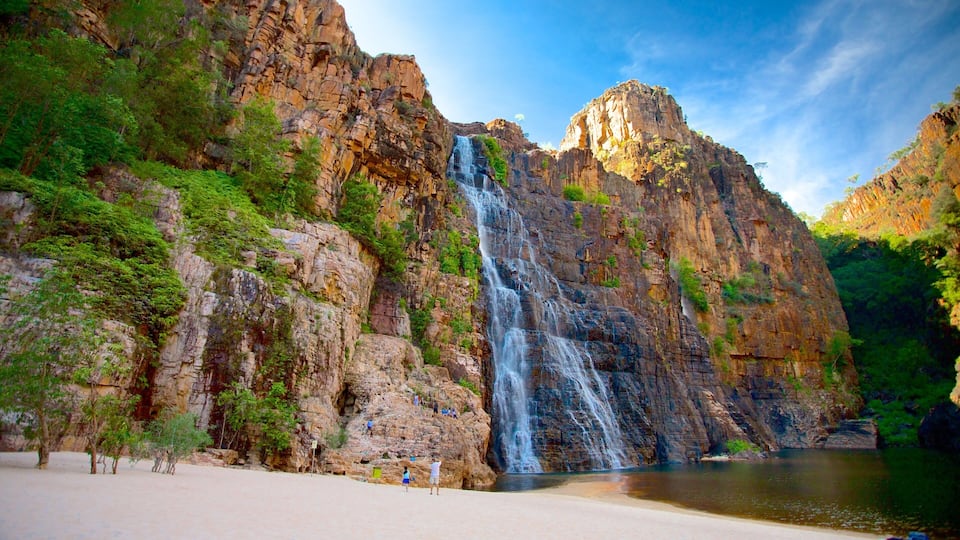 A waterfall cascading down a rocky cliff into a calm pool, surrounded by lush greenery and a sandy beach.