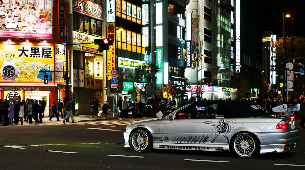 Flashy cars are part of the nightlife in Akihabara, Tokyo, Japan.
