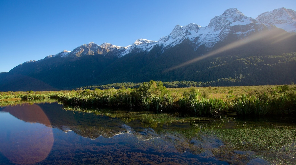 Fiordland National Park som viser bjerge, en sø eller et vandhul og udsigt over landskaber