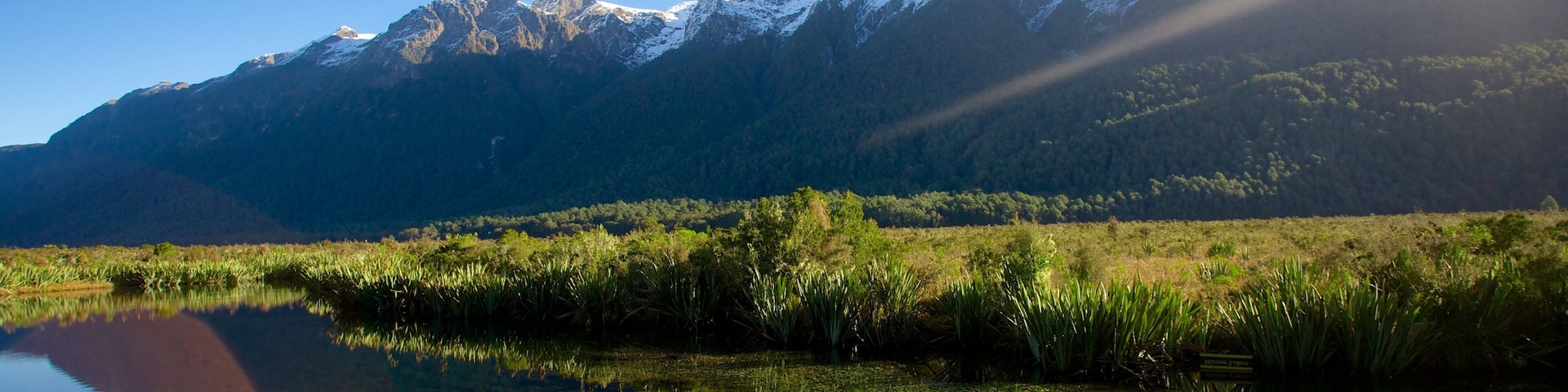 Fiordland National Park que inclui um lago ou charco, paisagem e montanhas
