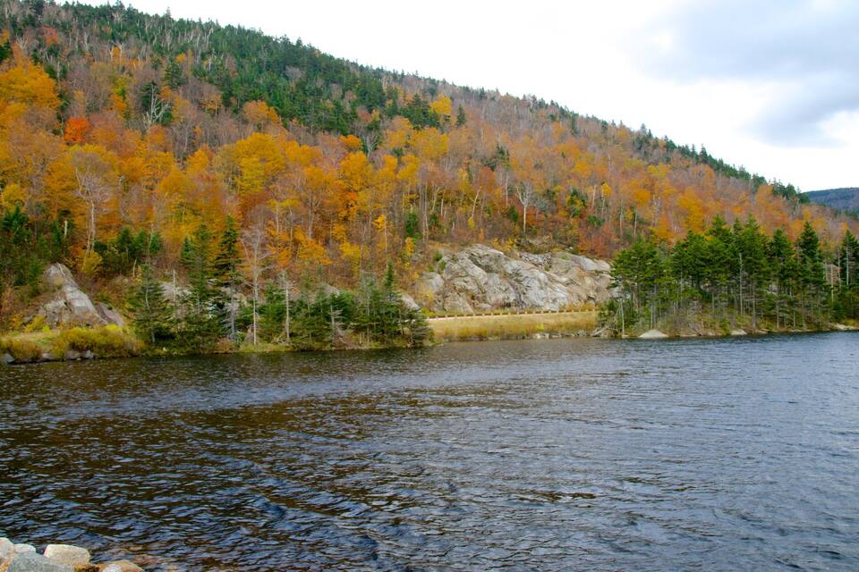 A lake surrounded by autumn-colored trees and a rocky shoreline.