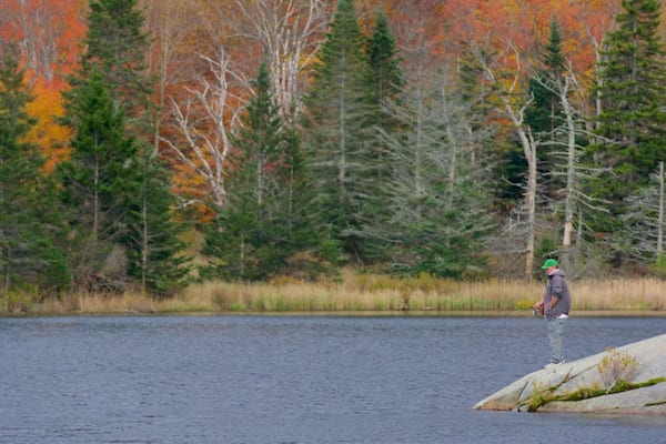 Une personne est en train de pêcher au bord d’un lac, avec des arbres aux couleurs automnales en arrière-plan.