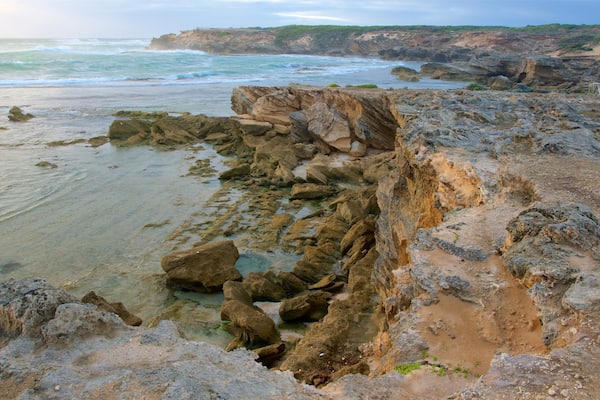 Une côte rocheuse où les vagues s’écrasent sur le rivage.
