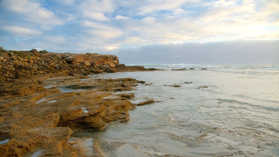Warrnambool showing a sunset, rocky coastline and a bay or harbor