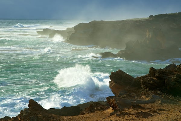 Pickering Point Lookout showing general coastal views, rocky coastline and mist or fog