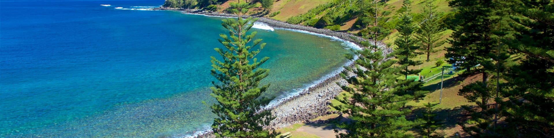 A coastal landscape with a clear blue sea, a sandy beach, and a forested hillside.