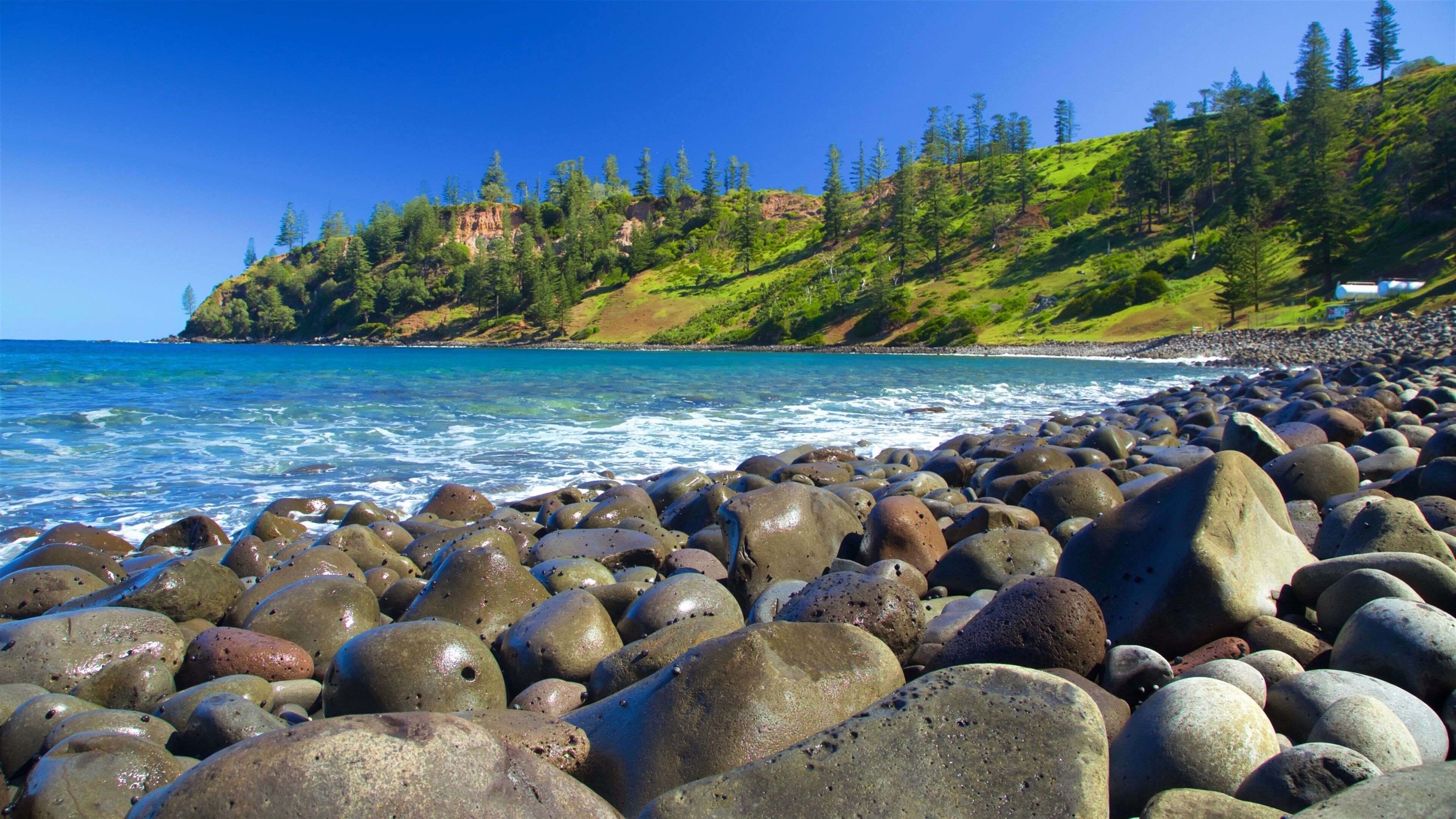 Norfolk Island og byder på en stenstrand, barsk kystlinje og udsigt over kystområde