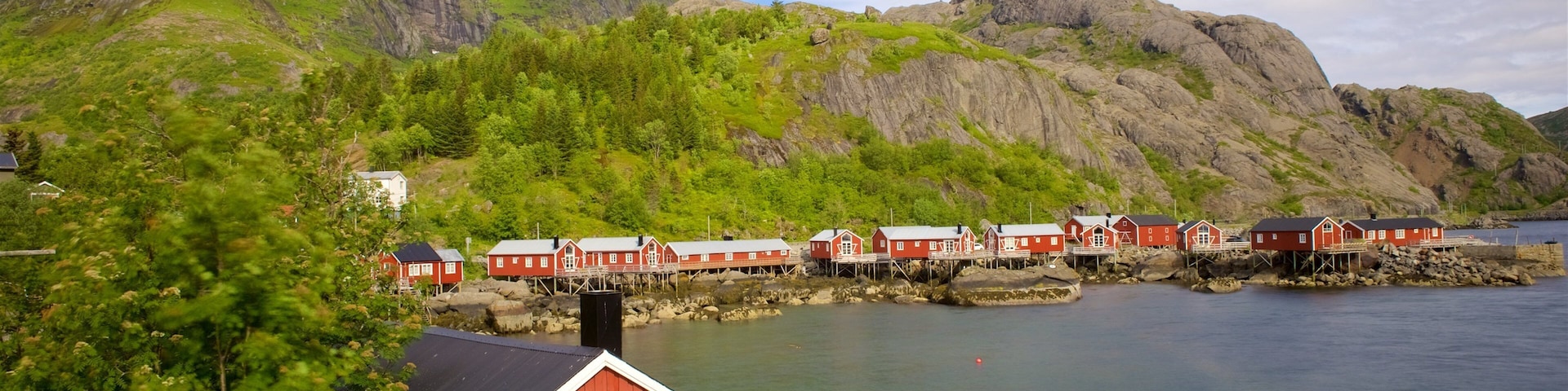 Leknes que incluye una pequeña ciudad o aldea, un lago o espejo de agua y un hotel