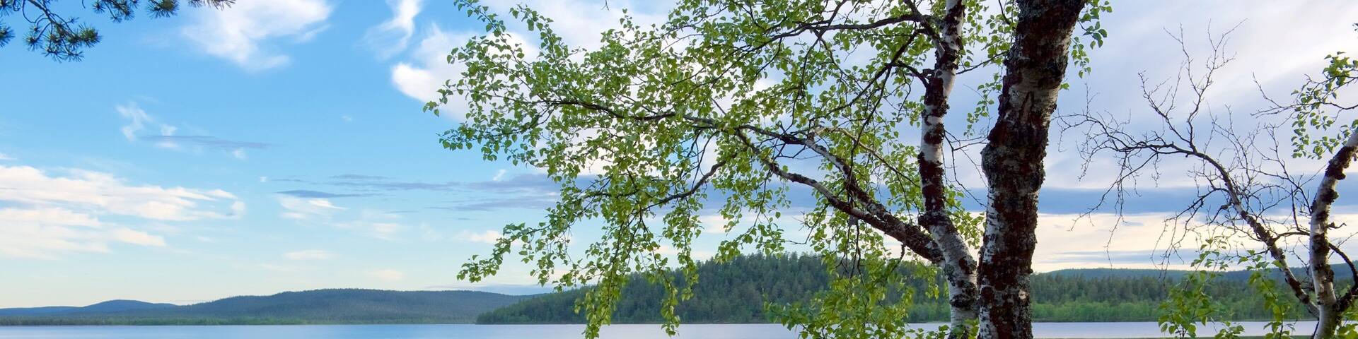 A wooden dock extending into a calm lake surrounded by trees and hills.