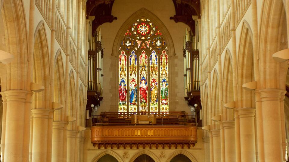 A cathedral interior with a large stained glass window and organ.