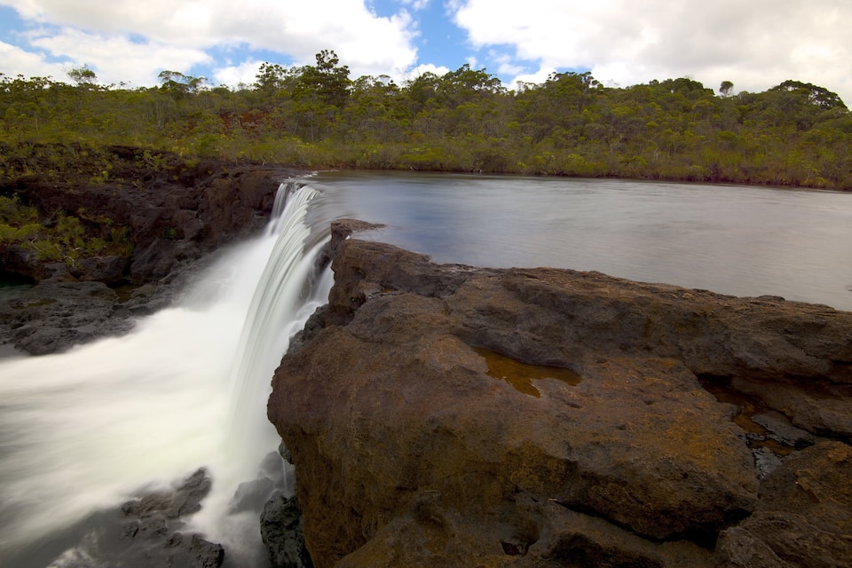 Una cascada que desemboça sobre roques fosques en un riu tranquil, envoltada per una forest densa i un cel nuvolós.