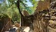 A stone staircase leading up to a historical site with ruins, surrounded by lush greenery and a forested valley.
