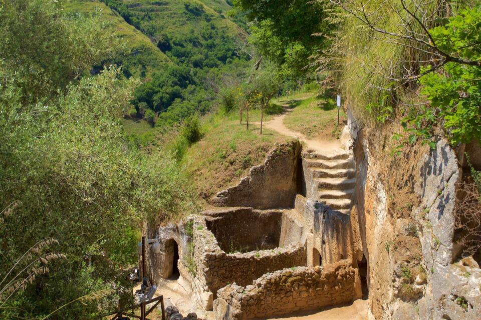 Ruinas antiguas con escalones y muros de piedra, rodeadas de vegetación exuberante y un paisaje montañoso.