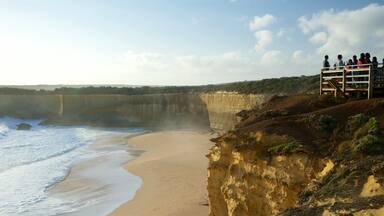 Port Campbell welches beinhaltet Strand und Ansichten sowie große Menschengruppe