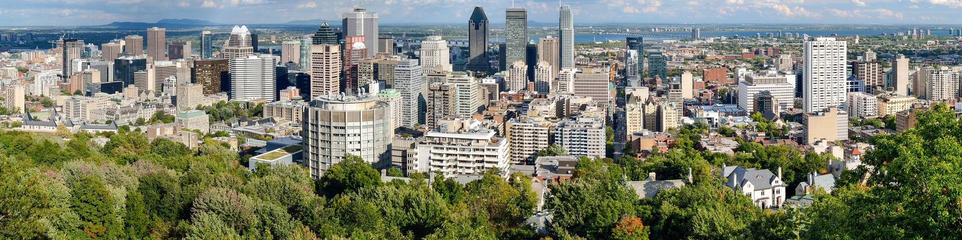 Panoramic view of Montreal skyline from the Mount Royal overlook.