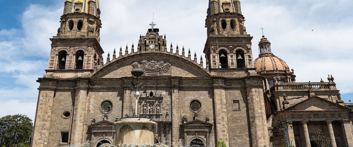 The main facade of the imposing Guadalajara Cathedral, Mexico