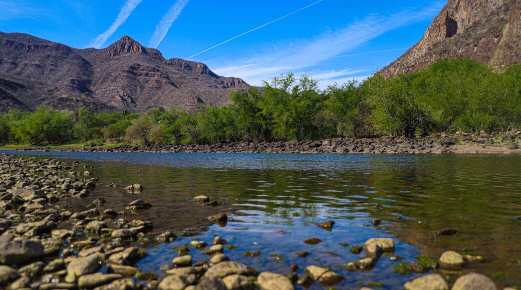 Reflection of a hill and bushes in the water of the Yaqui River as it passes through El Novillo, Sonora, Mexico.