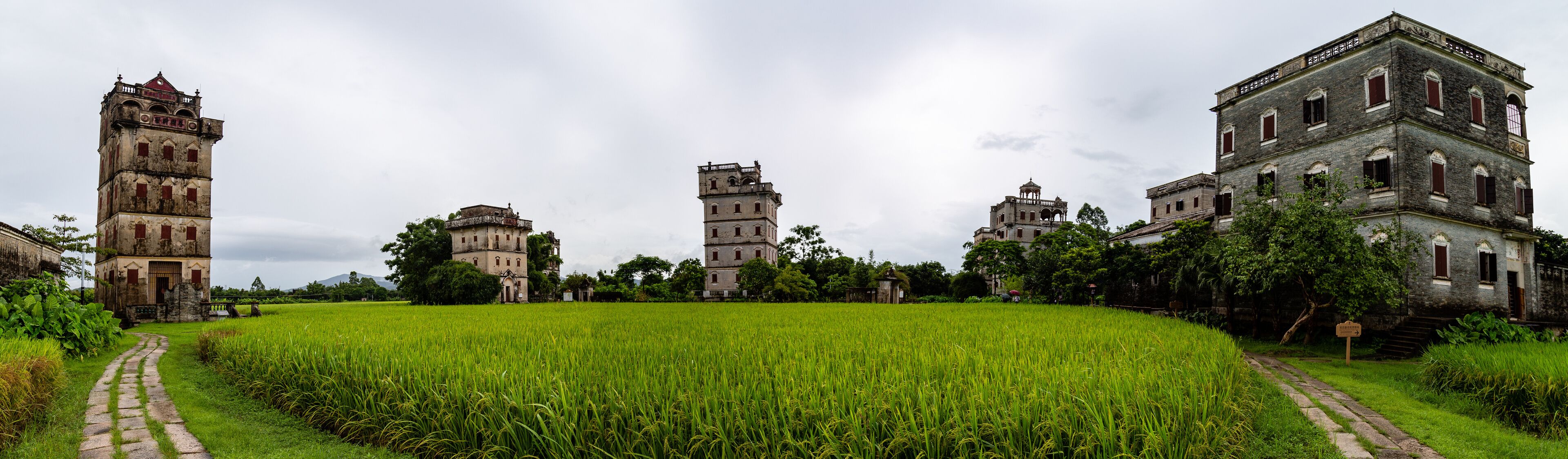 July 2017 – Kaiping, China - Kaiping Diaolou in Zili Village, near Guangzhou. Built by rich overseas Chinese, these family houses are a unique mix of Chinese and western architecture