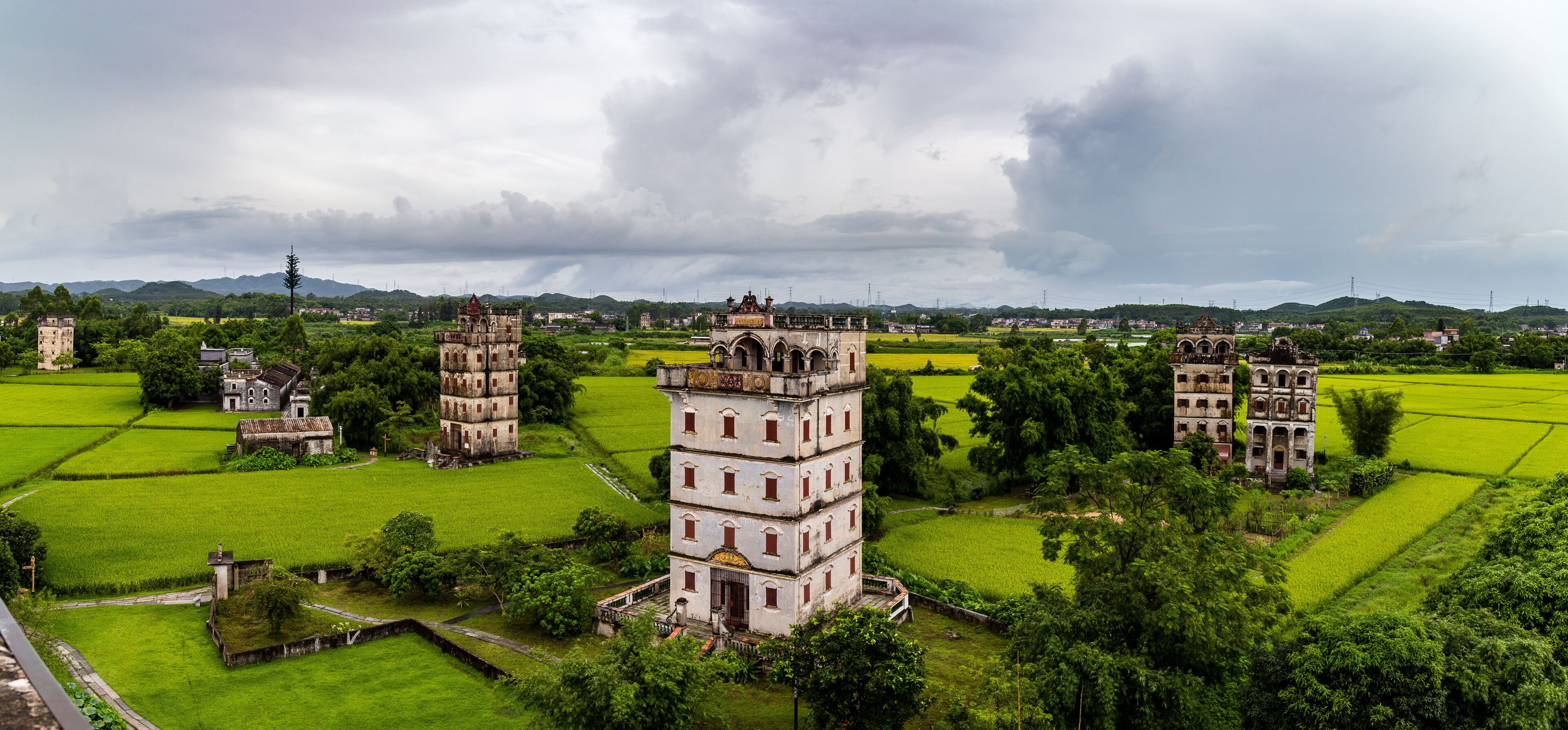 July 2017 – Kaiping, China - Kaiping Diaolou in Zili Village, near Guangzhou. Built by rich overseas Chinese, these family houses are a unique mix of Chinese and western architecture