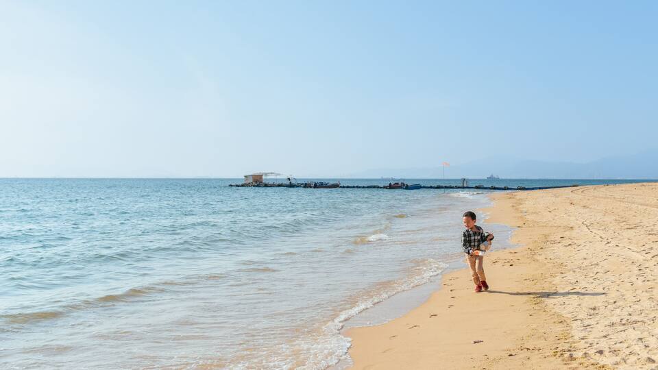 A sandy beach with gentle waves, a distant boat, and a clear sky.