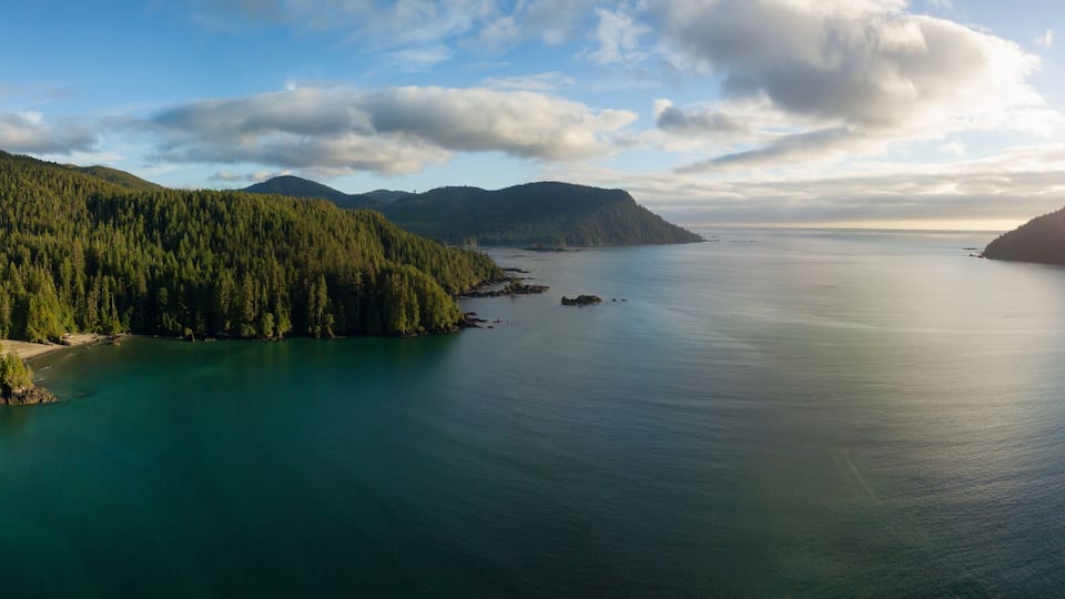 A coastal landscape with dense forests, a calm sea, and distant mountains under a partly cloudy sky.