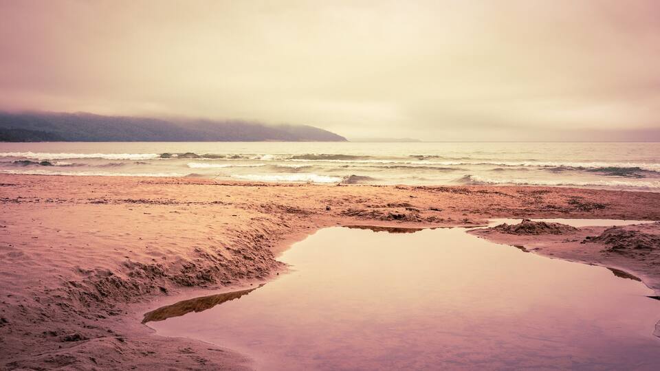 A beach with a reflective puddle and waves.