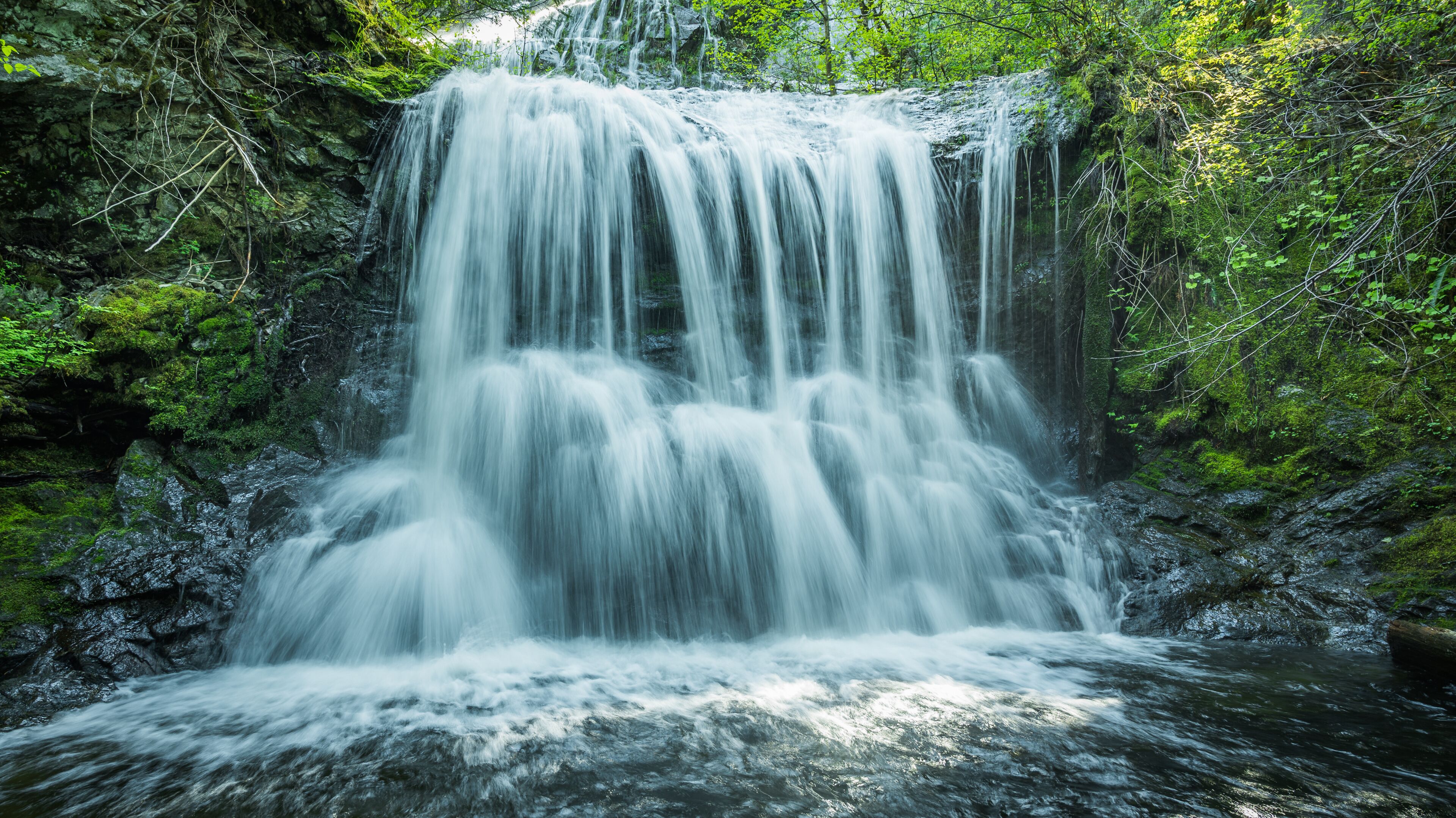 A waterfall cascading over moss-covered rocks surrounded by dense green foliage.
