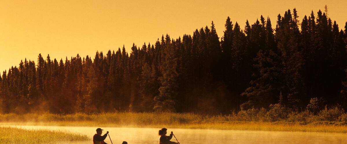 A canoe on a calm lake with dense forest in the background.