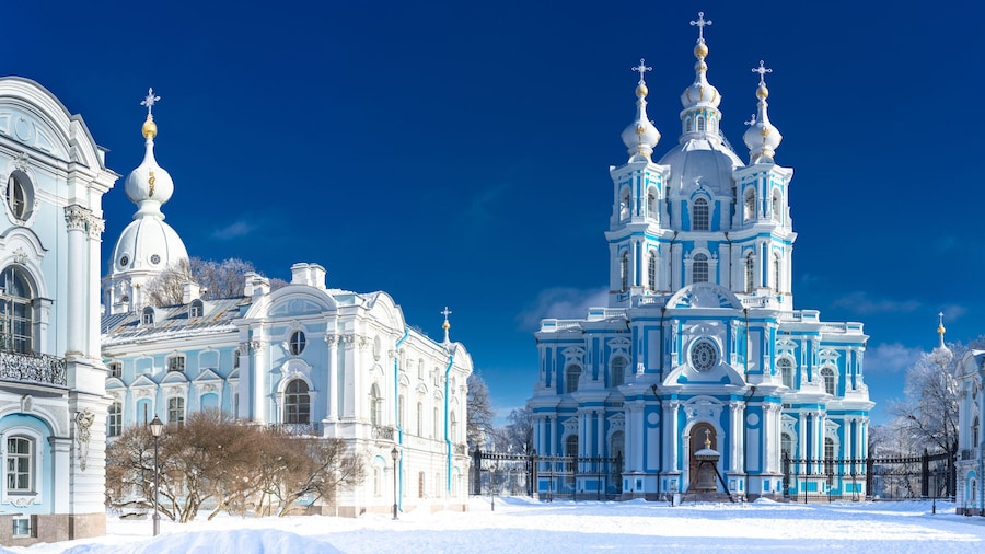 Saint Petersburg. View of the Smolny Cathedral. Russia. Winter in Petersburg. Panorama of the Smolny Cathedral. Panorama of Petersburg in winter.