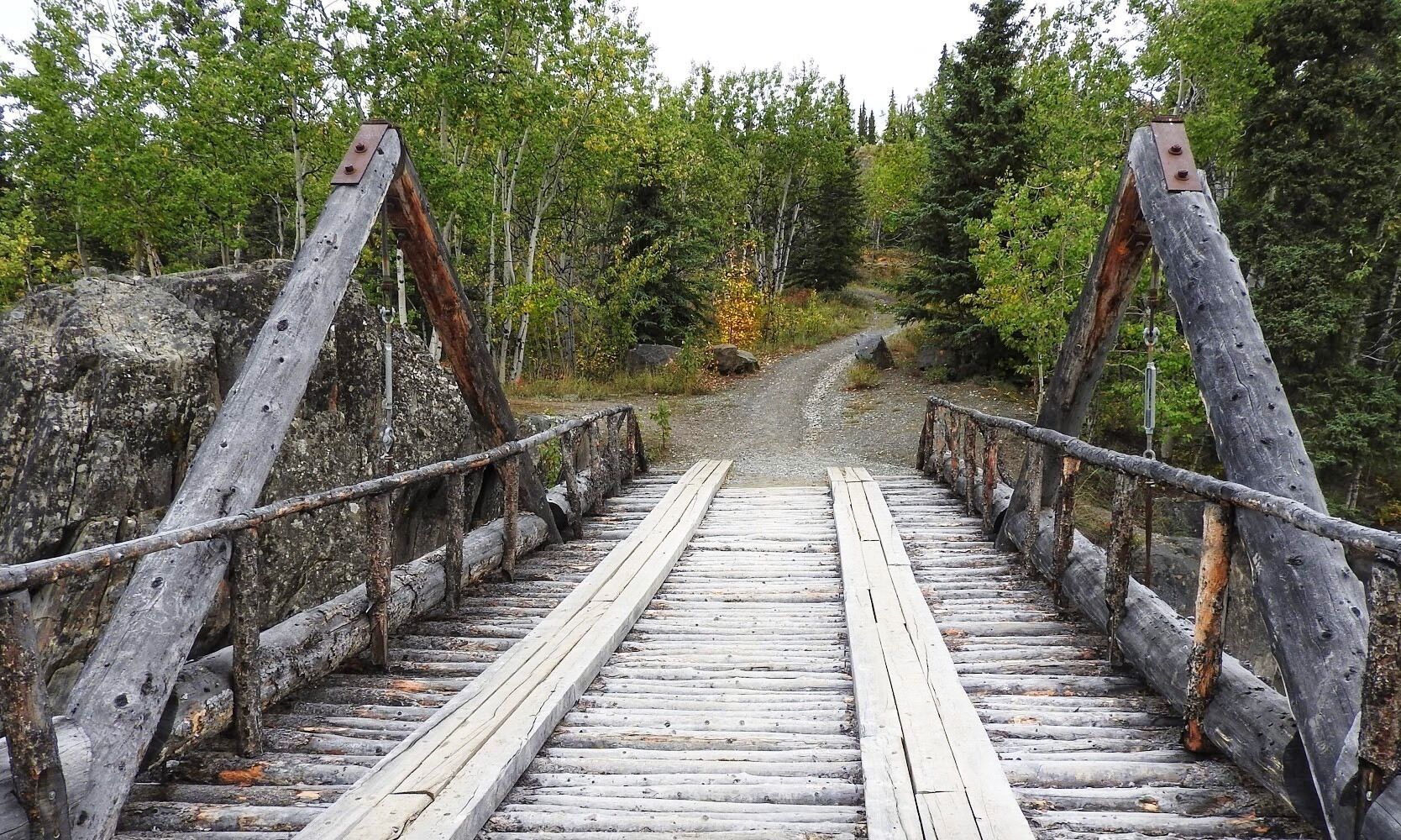 A wooden bridge with metal supports in a forest.