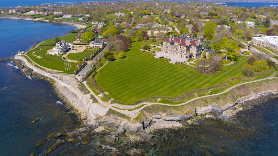 The Breakers and Cliff Walk aerial view at Newport, Rhode Island RI, USA. The Breakers is a Vanderbilt mansion with Italian Renaissance built in 1895 in Bellevue Avenue Historic District in Newport.