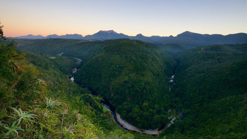 A river winding through a lush valley with dense forests and distant mountains under a clear sky.