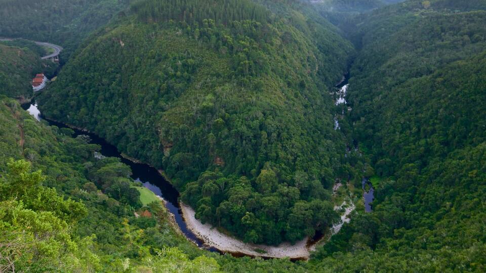 A river winding through a dense forested valley with a small building near the river's edge.