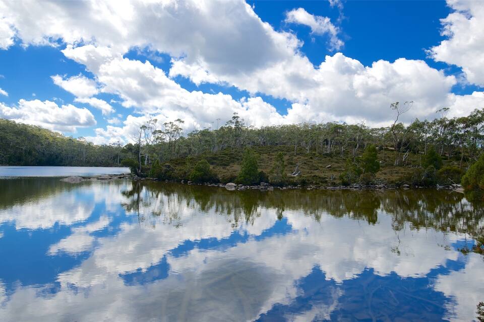 A calm lake reflecting the sky and surrounding trees.