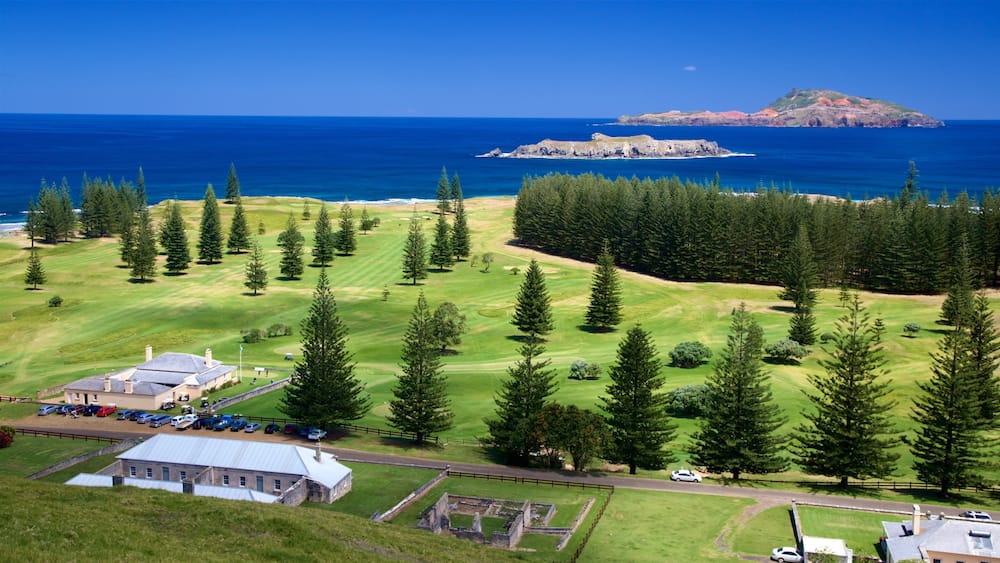 Norfolk Island which includes tranquil scenes, general coastal views and a small town or village