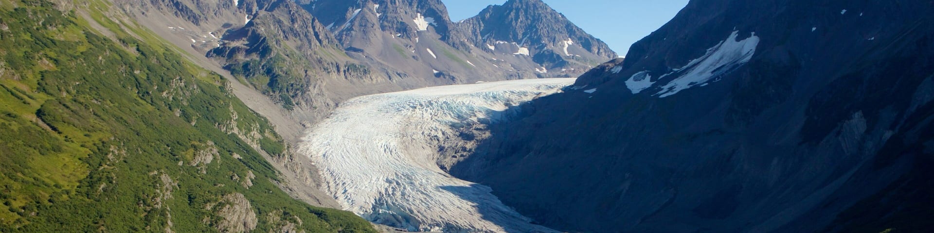A glacier in a mountainous valley with rocky peaks and lush greenery.