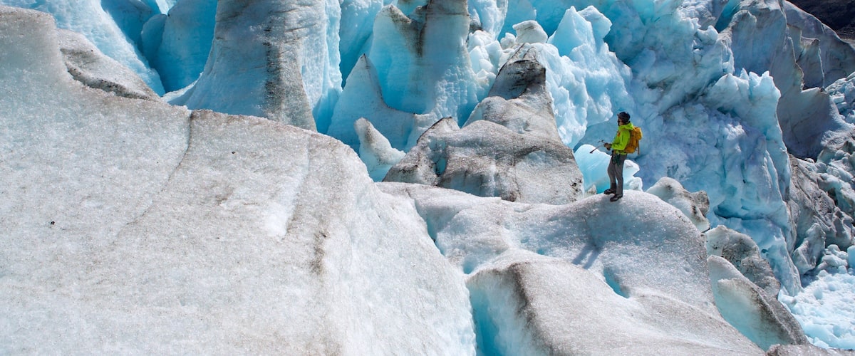 Godwin Glacier showing climbing and snow as well as an individual male