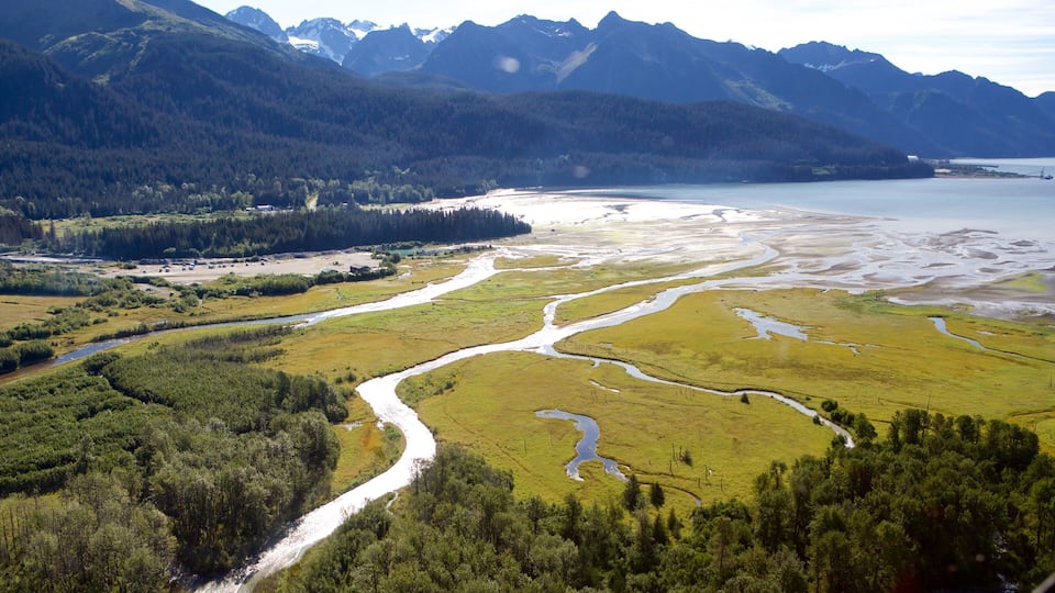 A river winding through a valley with mountains in the background.