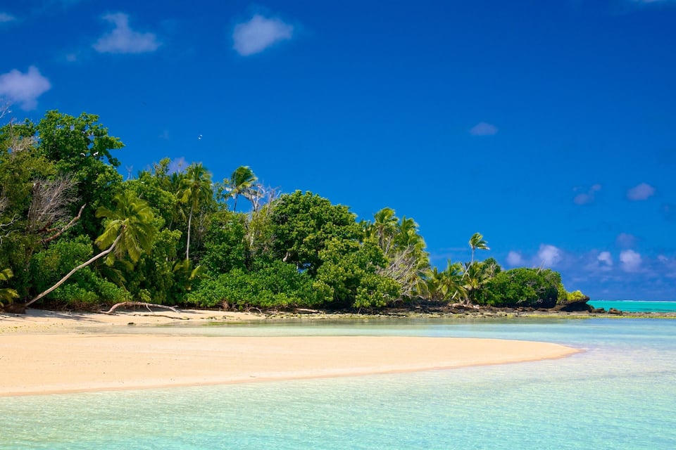 A tropical beach with clear turquoise waters, sandy shore, and lush green vegetation.