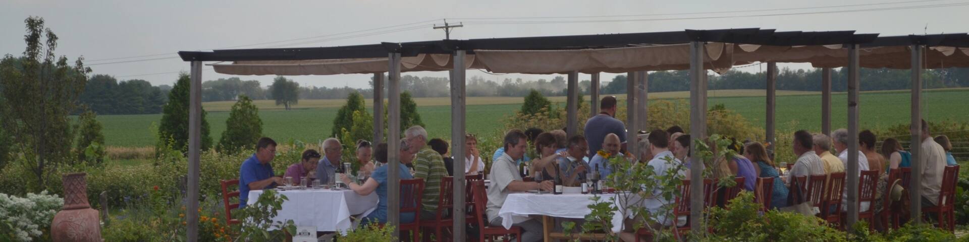 Champaign showing outdoor eating as well as a small group of people