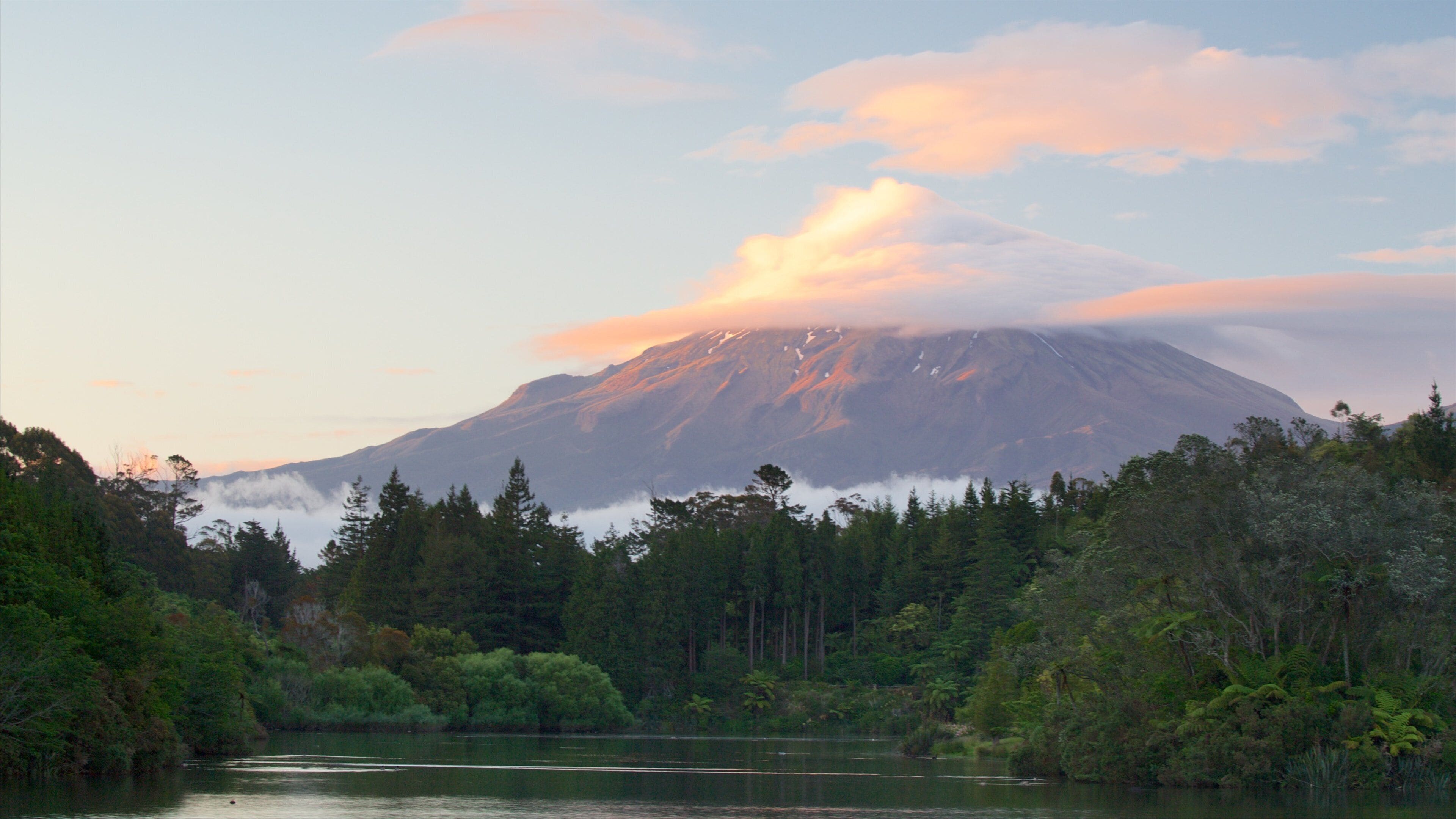 New Plymouth showing a lake or waterhole, a sunset and forests