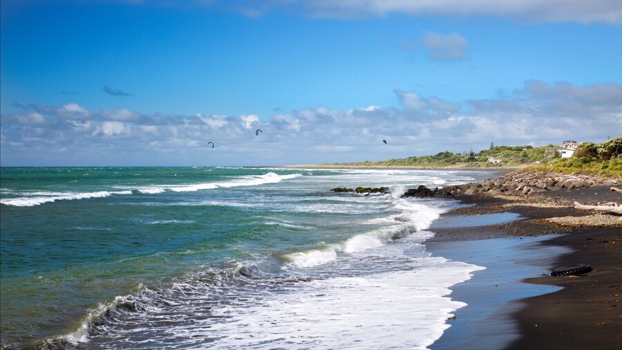 Taranaki showing waves and rocky coastline